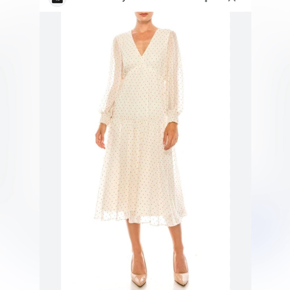 Gabby Skye Cream Dress tan Swiss dots elastic waist back closure size 12 flowy